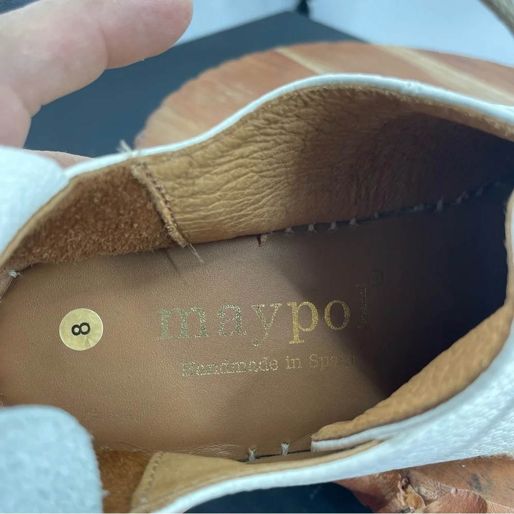 Maypol white Leather Lace Up Espadrille sneakers Shoes Sz. 39 (8) tan laces‎